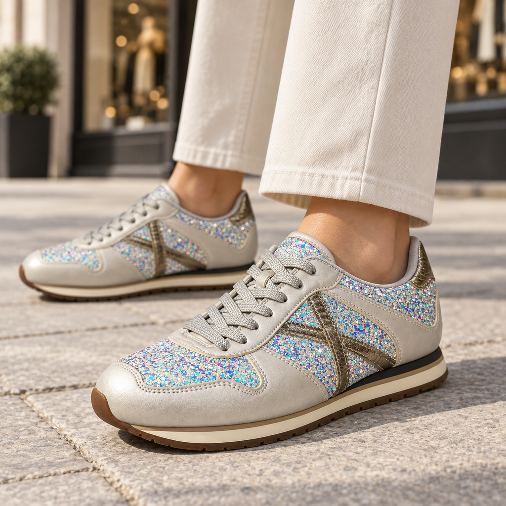 Zapatillas Munich plateadas con glitter multicolor en ambiente urbano