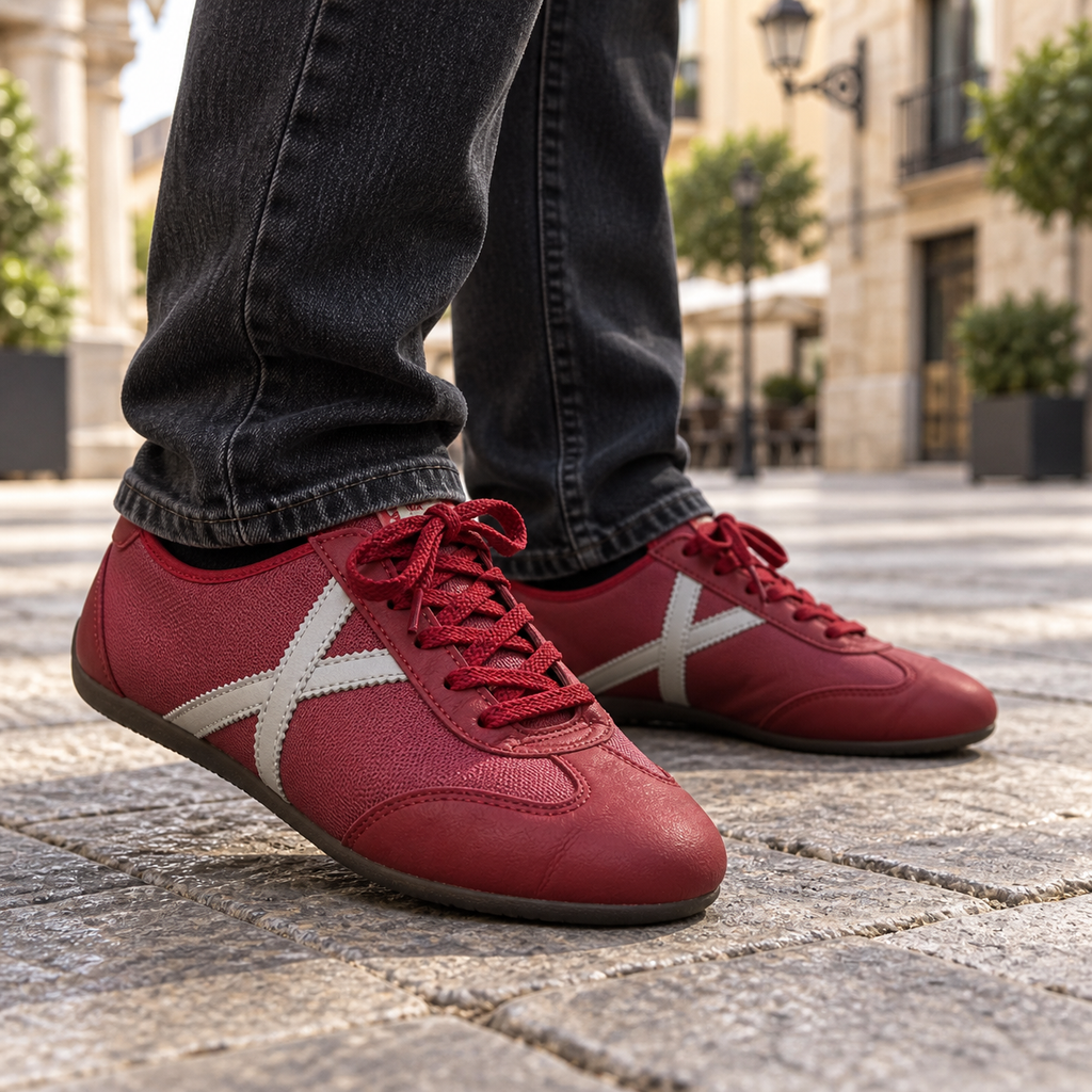 Zapatillas Munich rojas en un entorno urbano