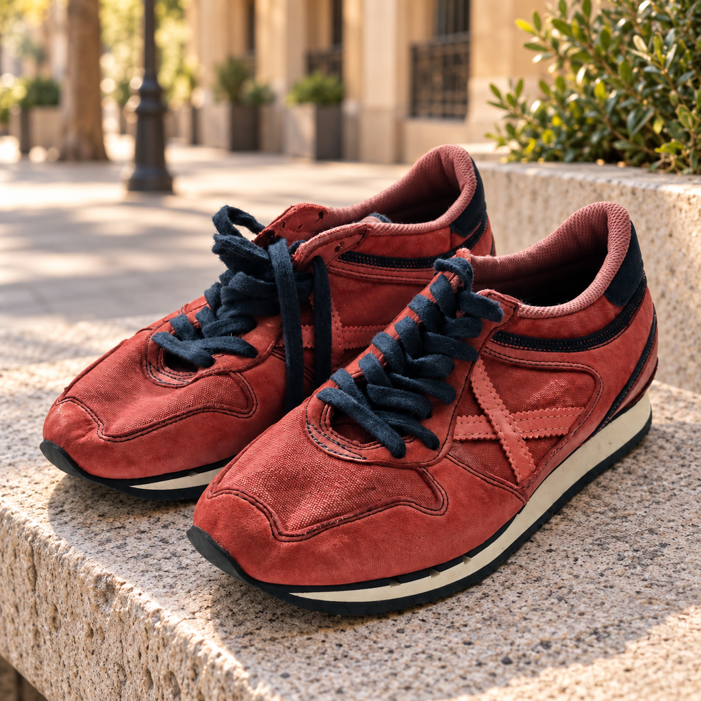 Zapatillas Munich rojo teja y azul marino en un entorno urbano