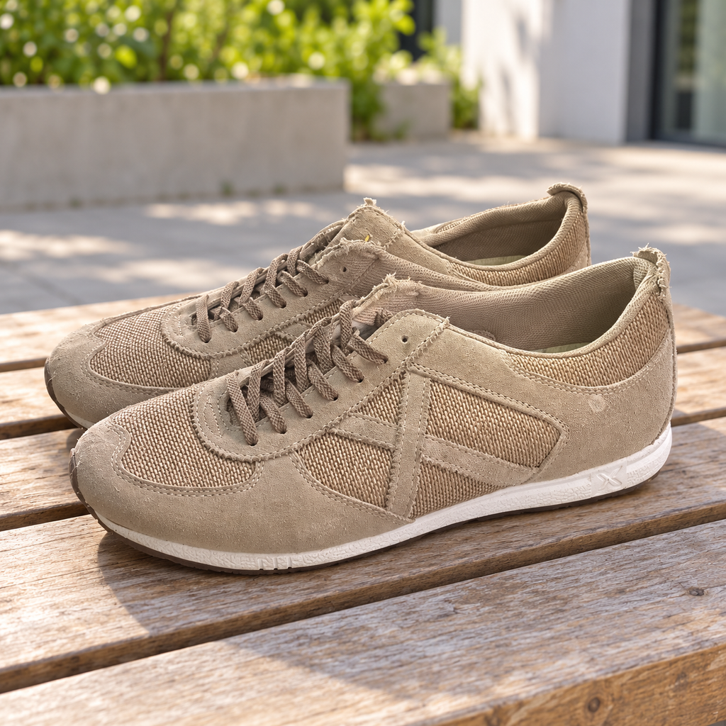 Zapatillas Munich taupe de tejido texturizado con X a tono · Talla 45 - lifestyle sobre banco