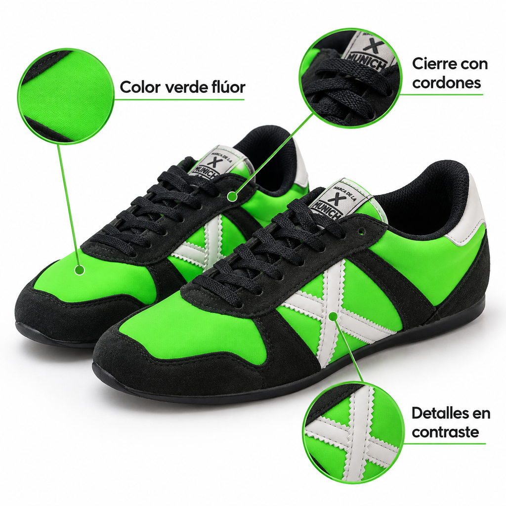 Zapatillas Munich verde flúor con detalles negros y blancos - características