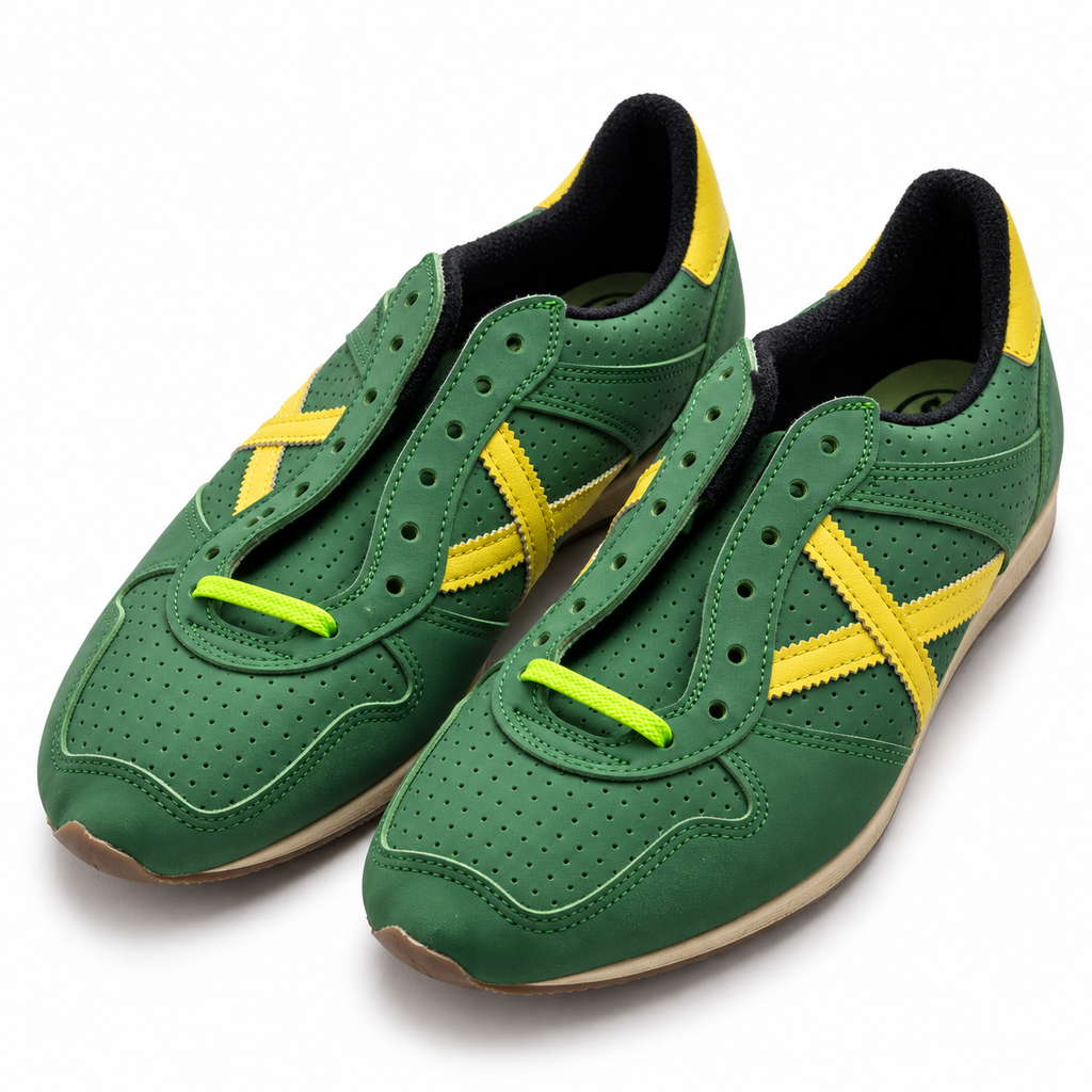 Zapatillas Munich verdes y amarillas perforadas sobre fondo blanco