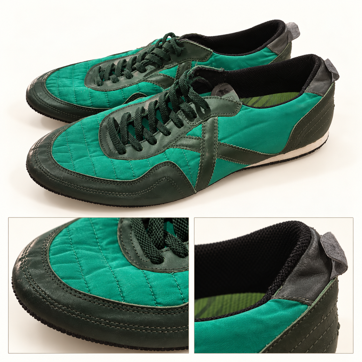 Zapatillas Munich verdes con costuras y X verde oscuro · Talla 45 - detalle de diseño y estado
