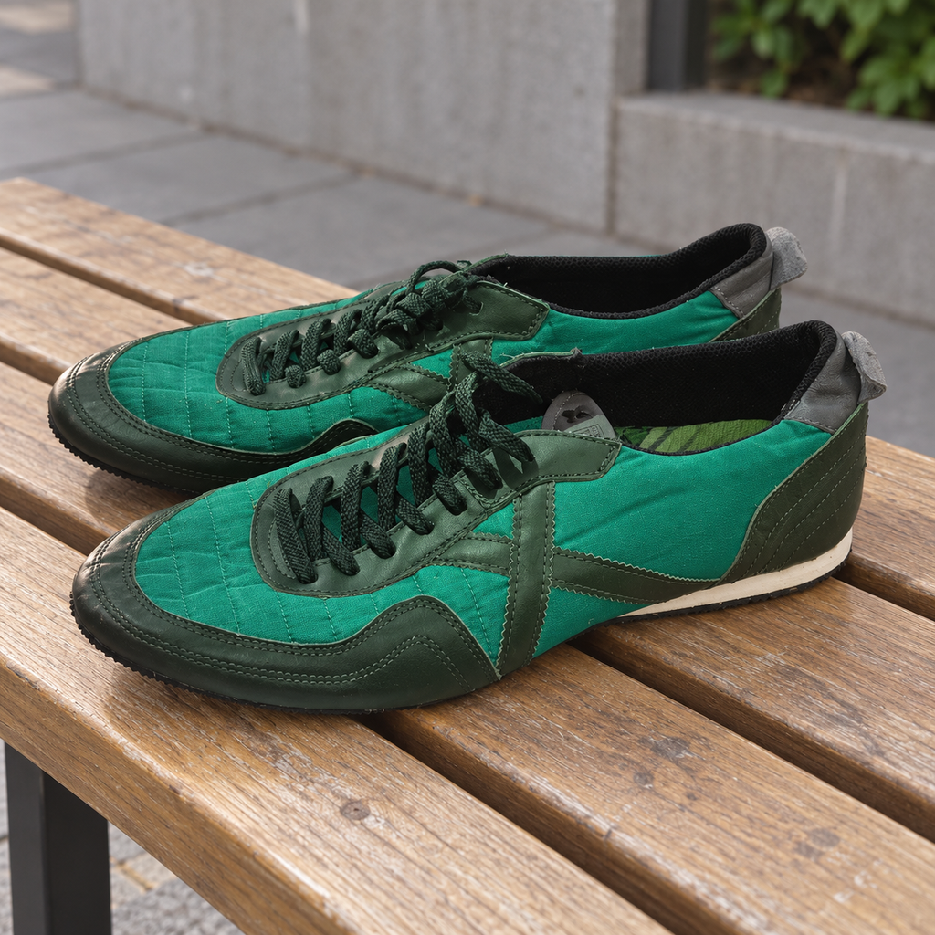 Zapatillas Munich verdes con costuras y X verde oscuro · Talla 45 - lifestyle sobre banco