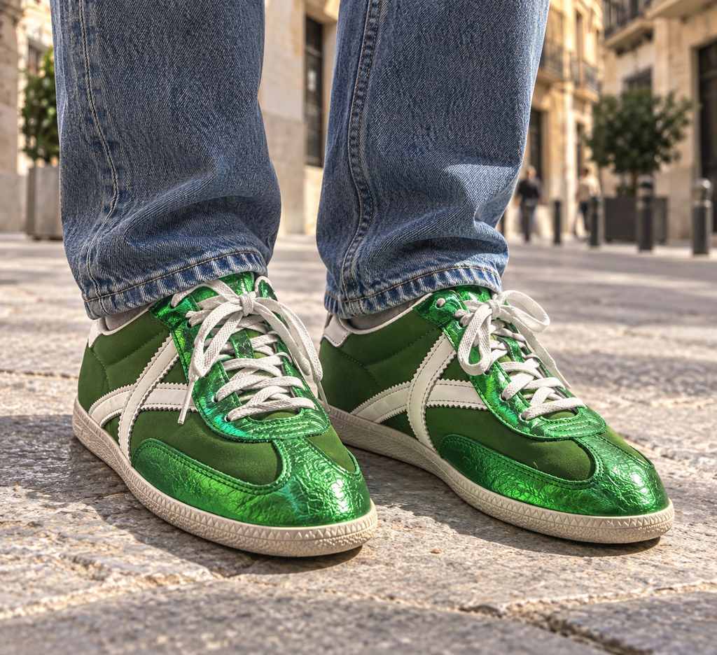 Zapatillas Munich verdes metalizadas en uso