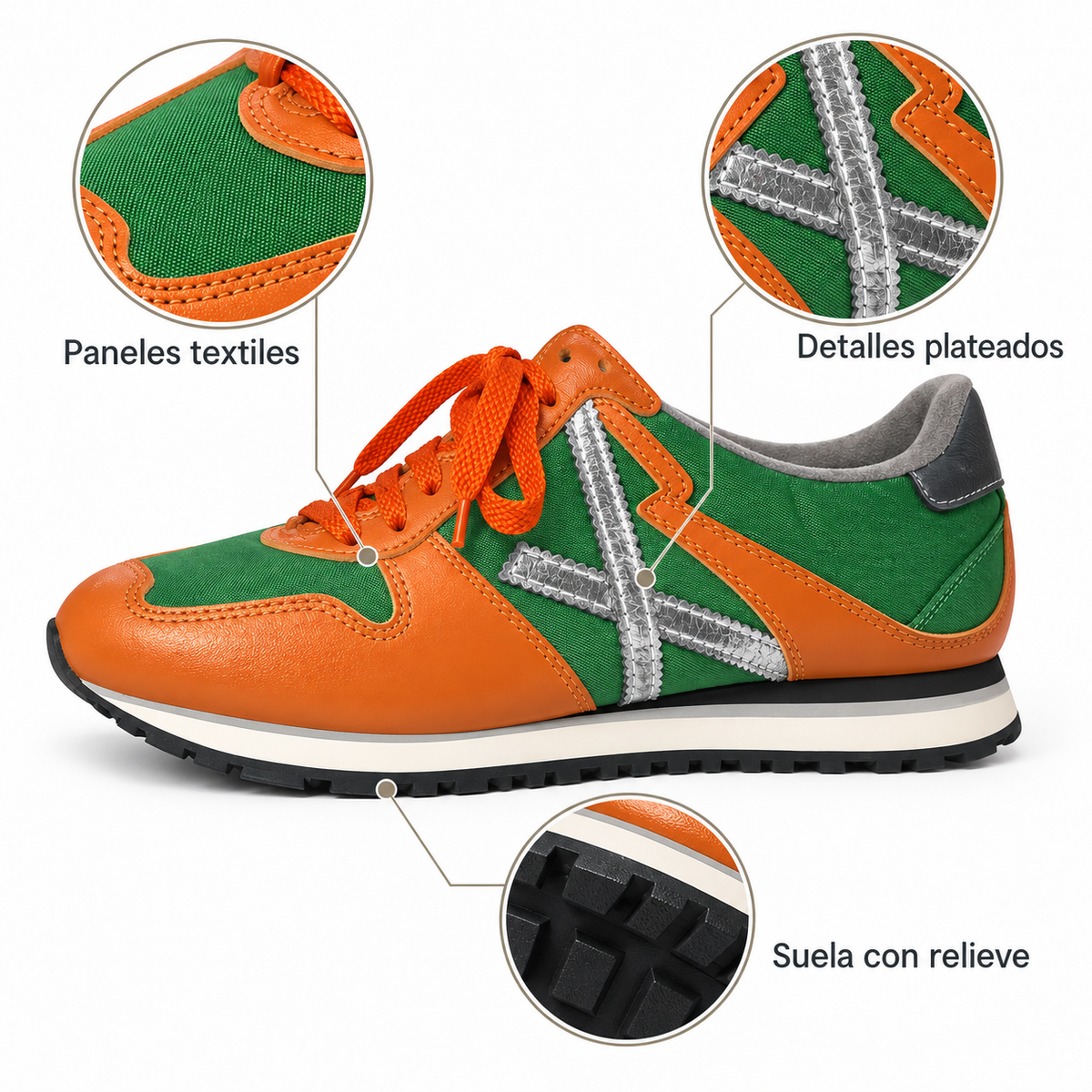 Detalles de las zapatillas Munich verdes y naranjas