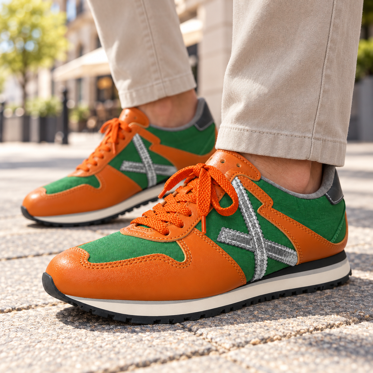 Zapatillas Munich verdes y naranjas en ambiente urbano