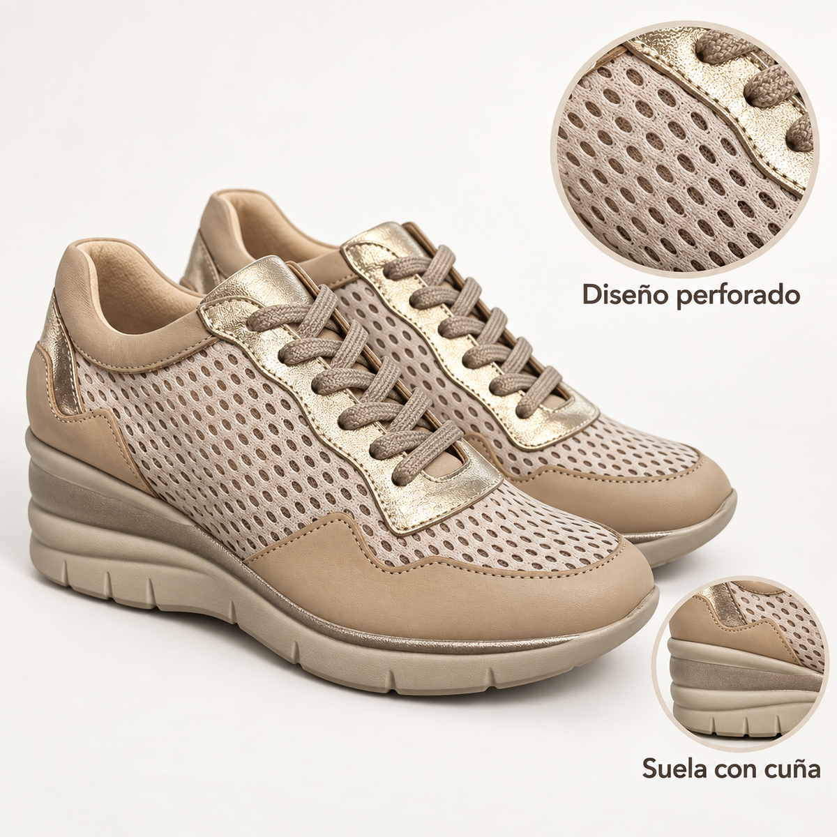 Detalles de las zapatillas Pitillos 1350 con diseño perforado y suela con cuña