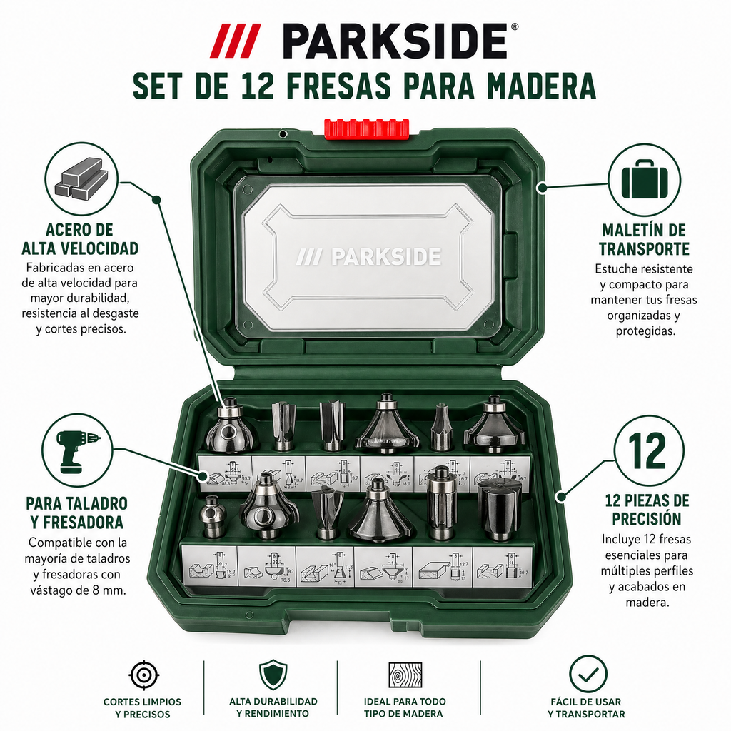 Parkside Set Fresas Madera Maletín 12 Piezas