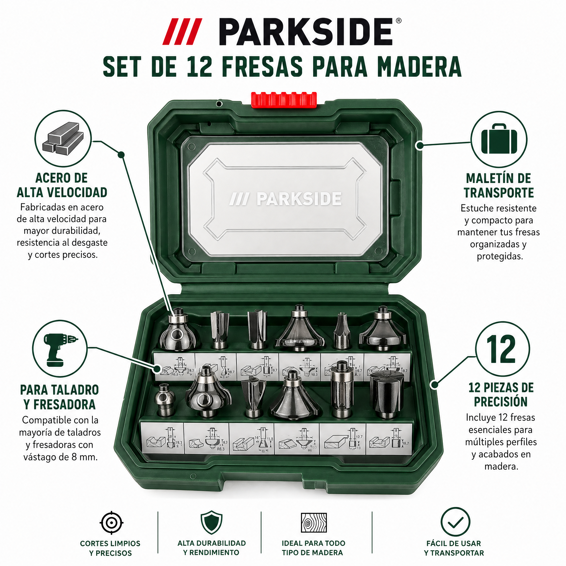 Parkside Set Fresas Madera Maletín 12 Piezas