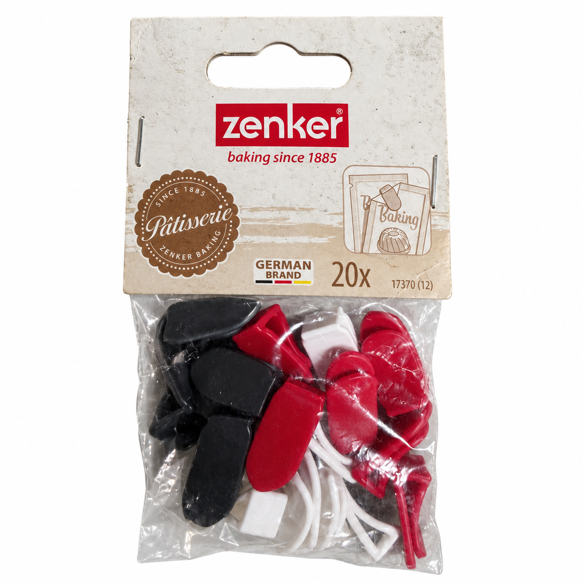 Paquete Zenker de mini clips rojos blancos y negros, envase marcado 20 unidades — portada fondo blanco