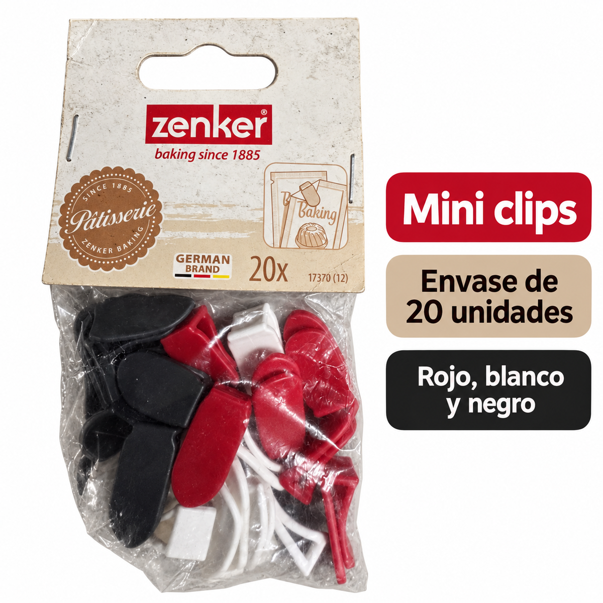 Paquete Zenker de mini clips rojos blancos y negros, envase marcado 20 unidades — características