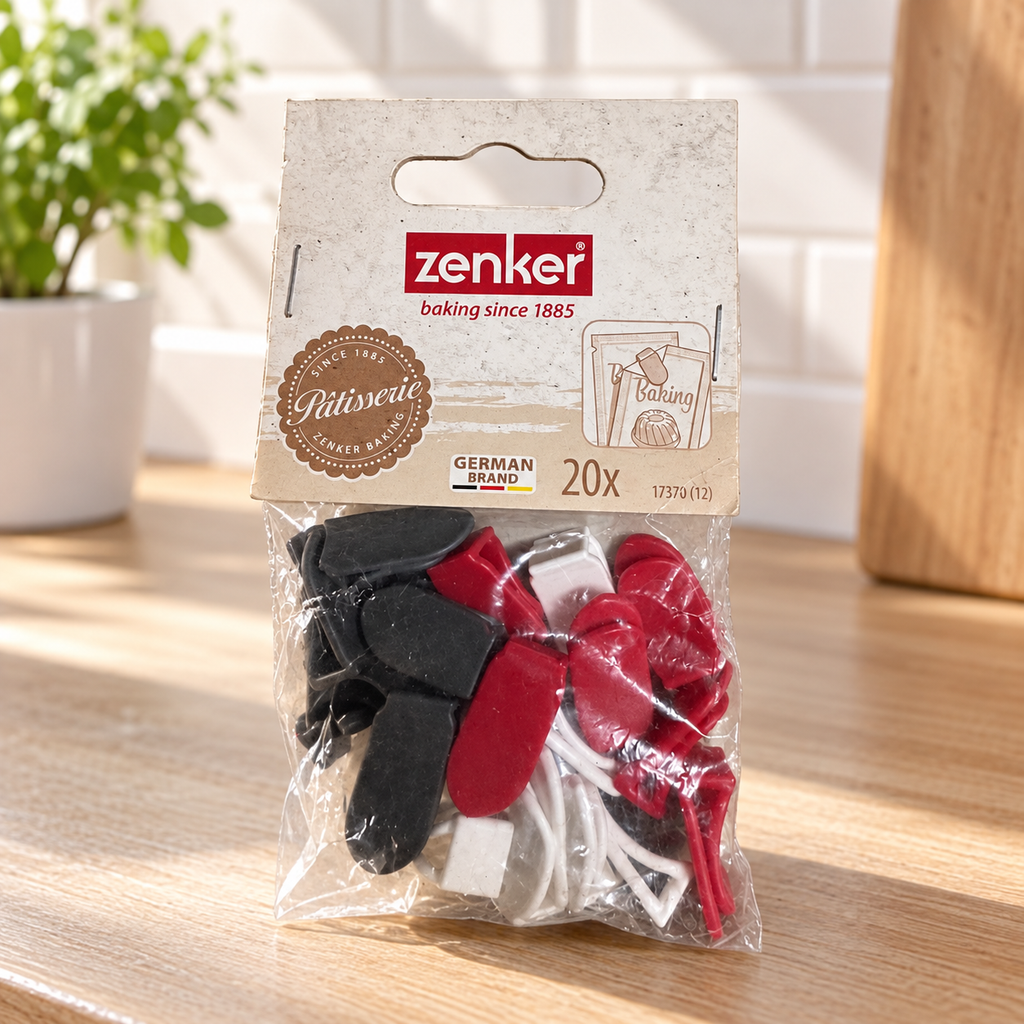 Paquete Zenker de mini clips rojos blancos y negros, envase marcado 20 unidades — ambientación en cocina