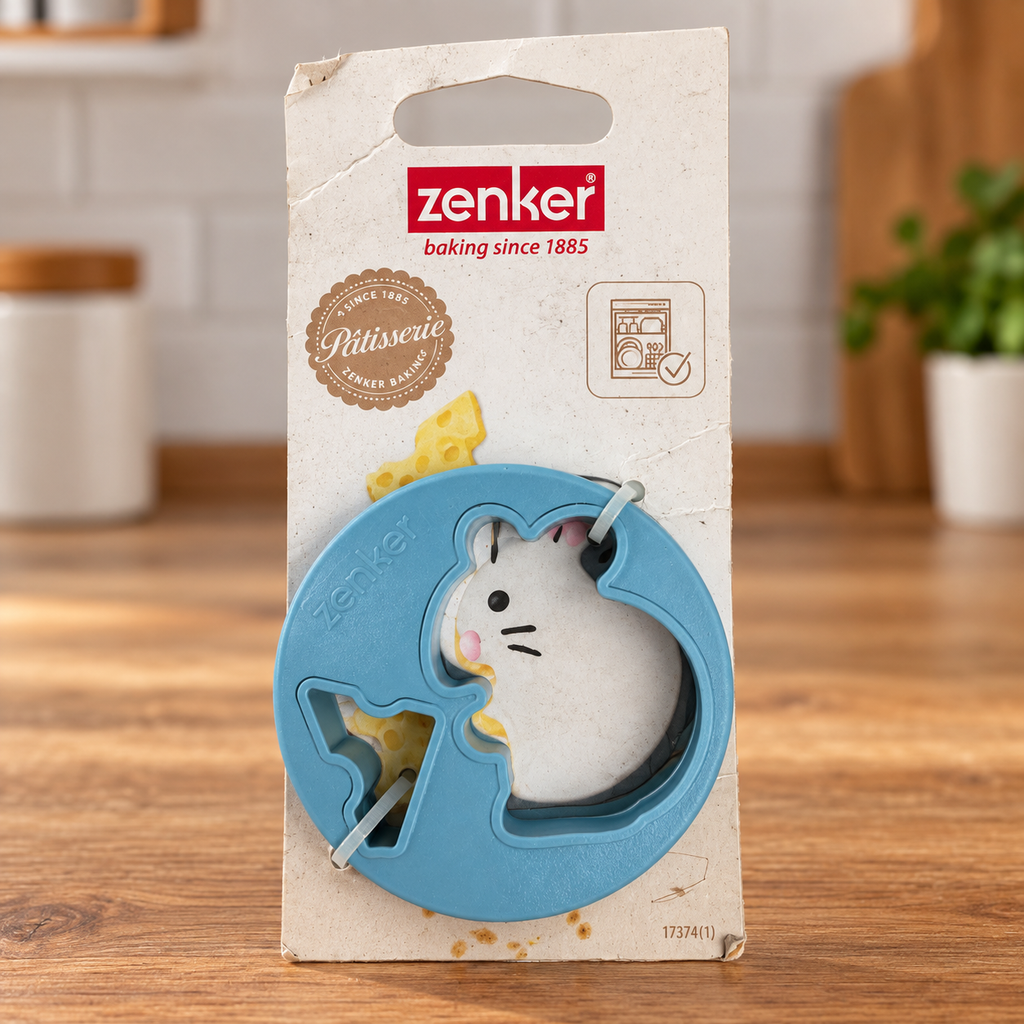 Cortador Zenker azul de ratón y queso en su embalaje sobre una encimera